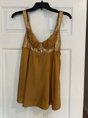 VTG Victoria’s Secret 100% Silk Gold Sequin Jeweled Babydoll Chemise Top Small
